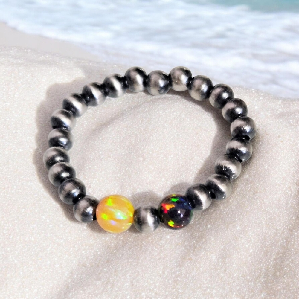 DESERT PEARL AND AURORA OPAL STRETCH RING 925 STERLING SILVER SIZE 7 - 9